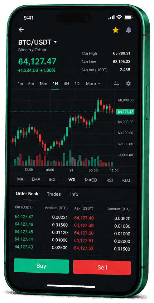 Plateforme de trading Chamois Fondaria sur mobile — graphique BTC/USDT en direct, carnet d'ordres et interface d'achat/vente